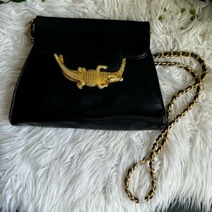 Via Piaggi Black crossbody Bag gold crocodile